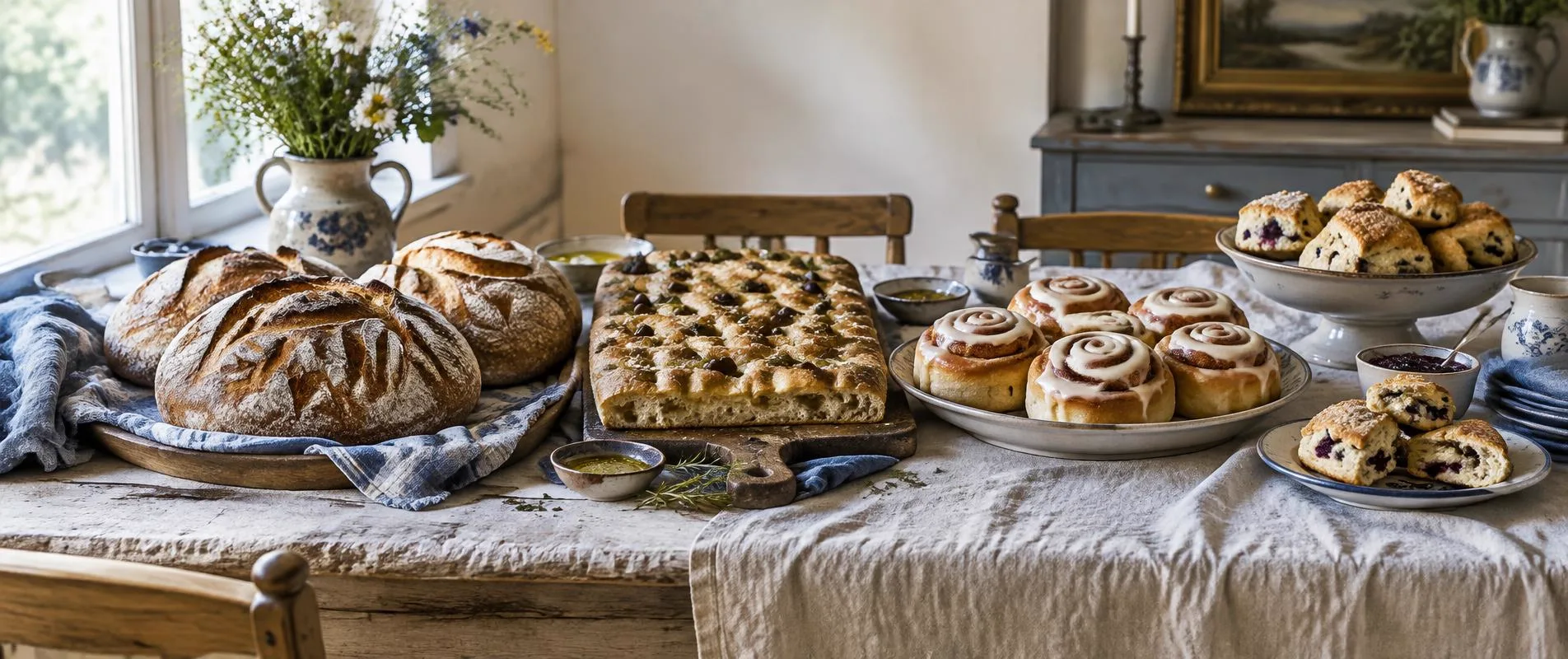 Sourdough loaves, focaccia, cinnamon rolls and scones on a long farmhouse table