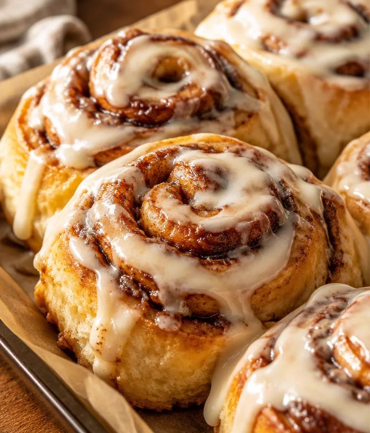Close-up of iced cinnamon rolls