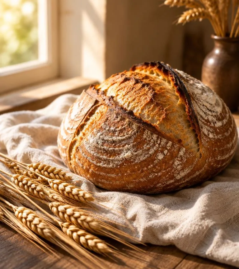 Sourdough loaf on linen with wheat stalks