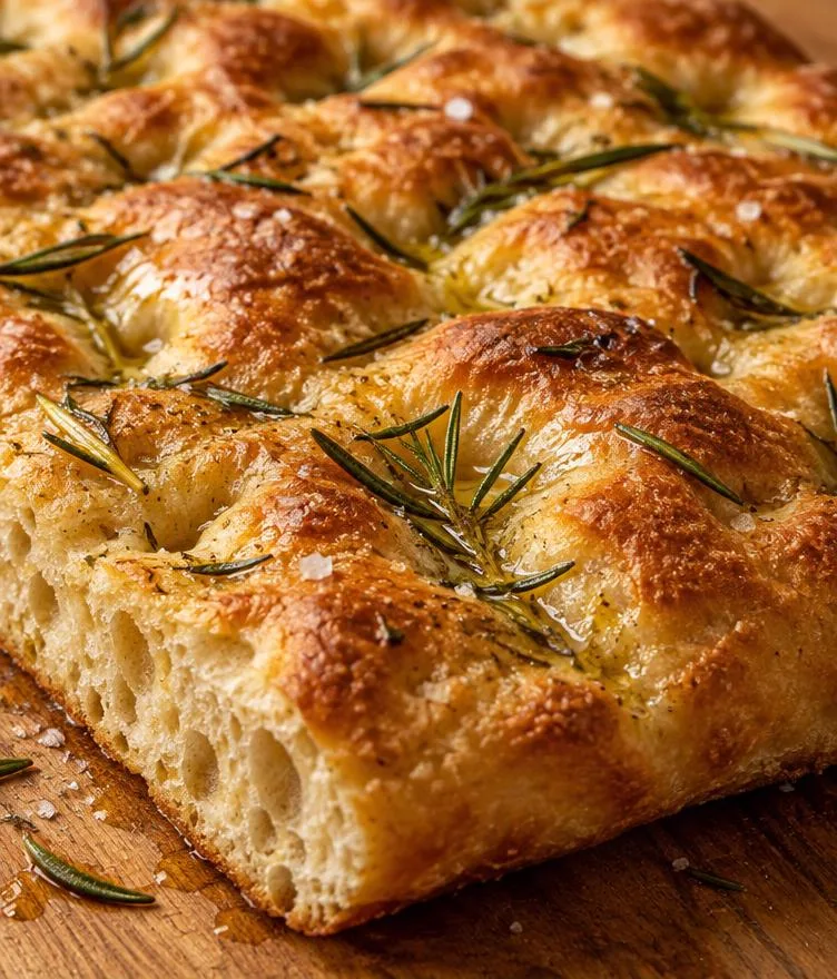 Close-up of golden sourdough focaccia