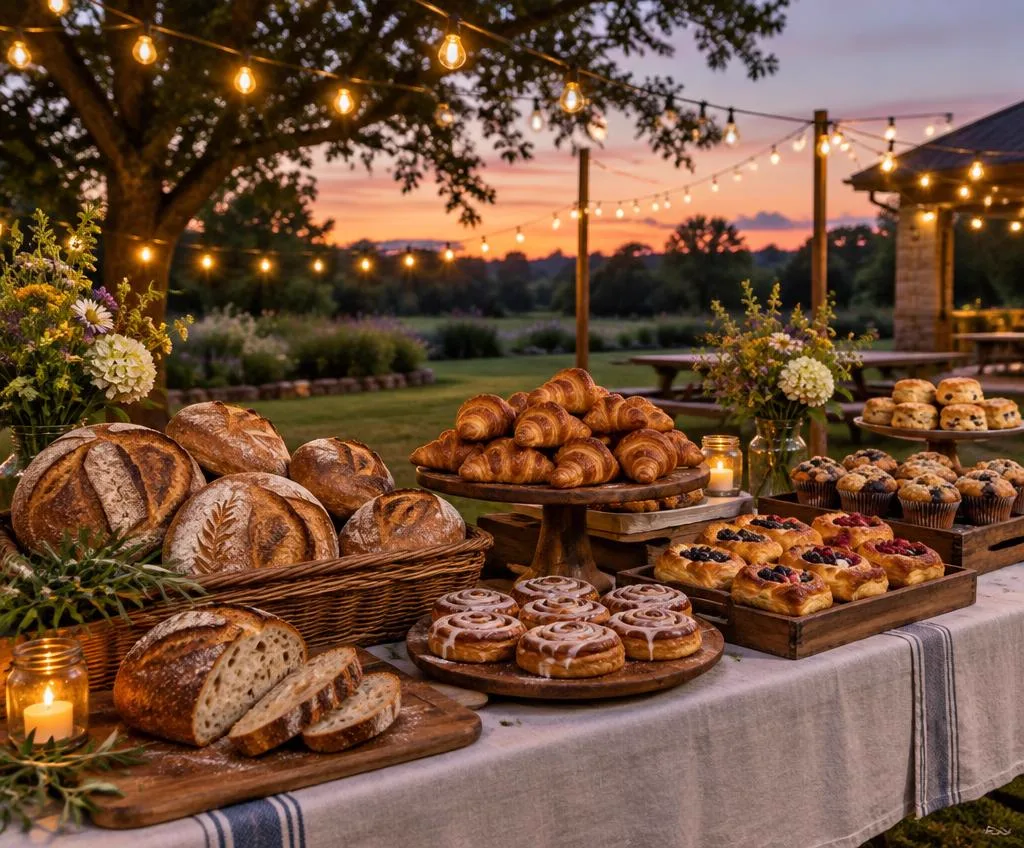 Outdoor community event table with baked goods under string lights