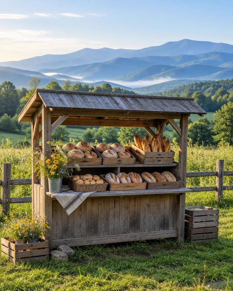 Wooden farm stand in a green field with mountains behind