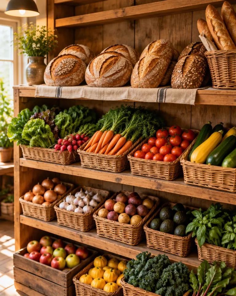 Farm grocery shelf with local bread and produce