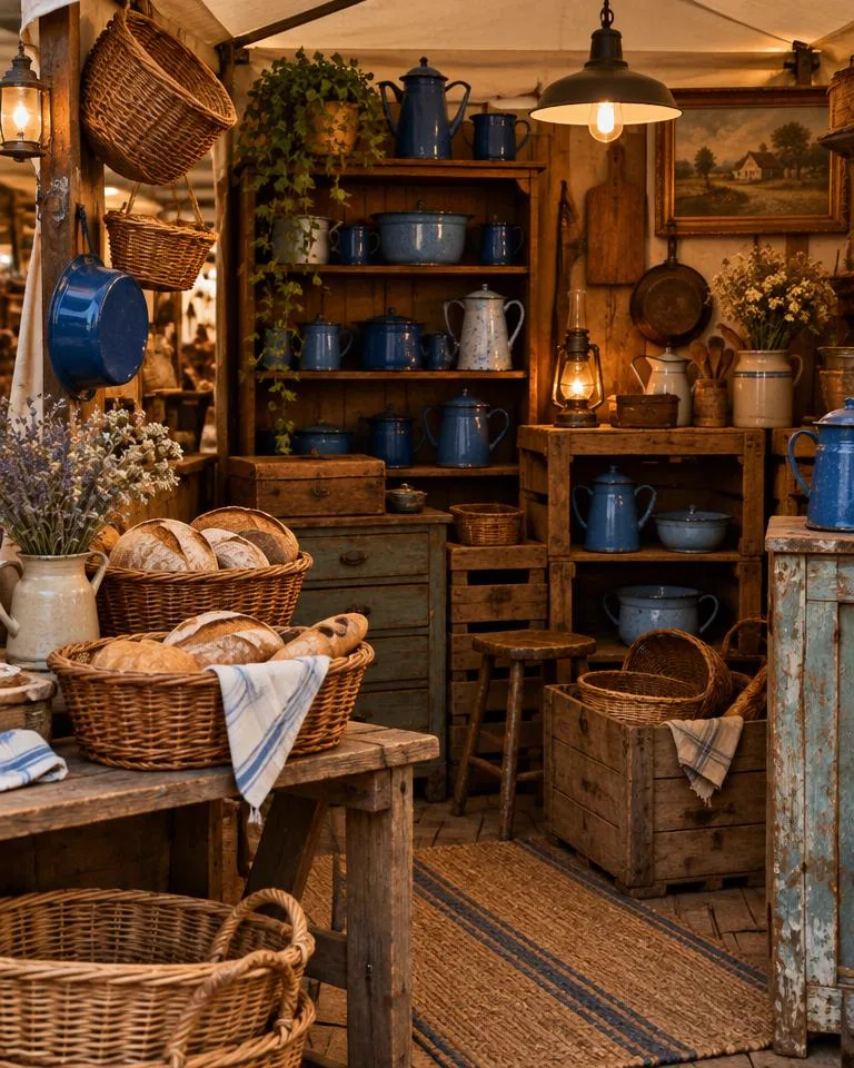 Vintage antique booth styled with bread baskets and enamelware
