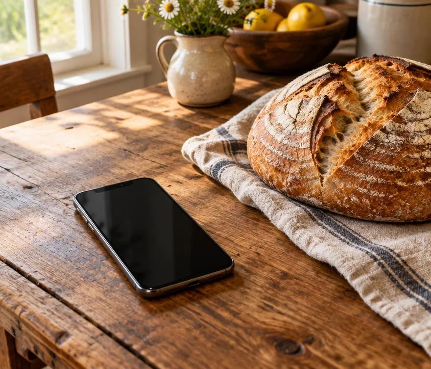 Phone on a farmhouse table beside a fresh loaf