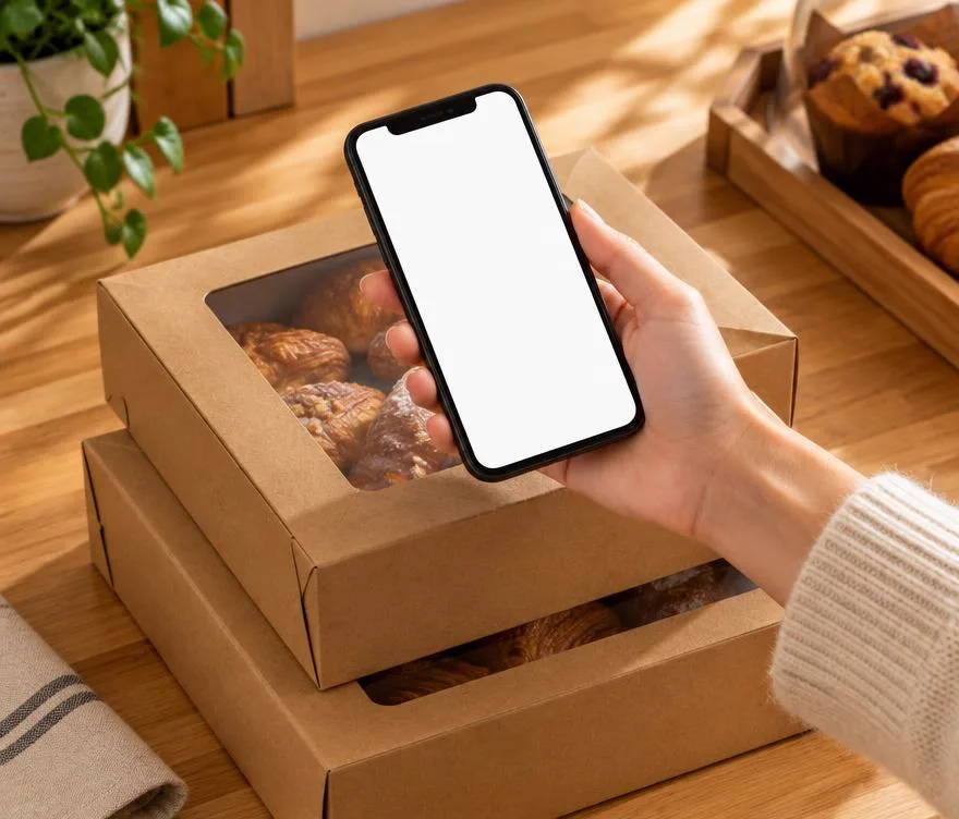 Hand holding a phone above bakery boxes