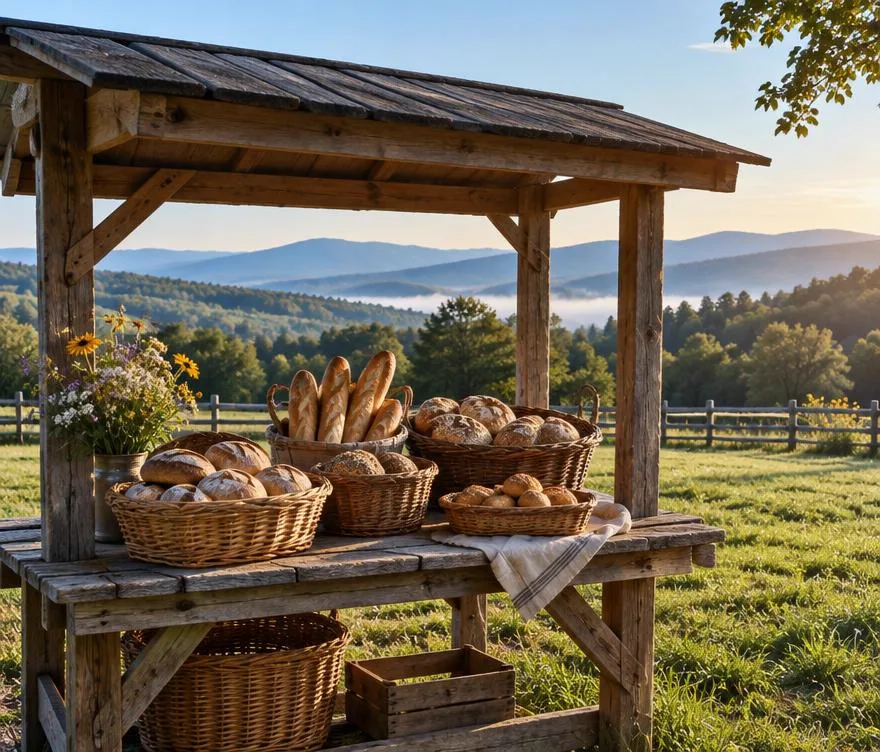 Rustic farm stand with bread baskets in a North Georgia field