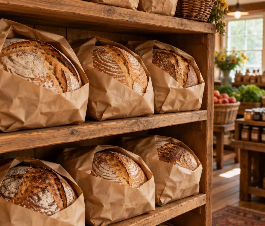 Wrapped sourdough loaves on a small-town market shelf