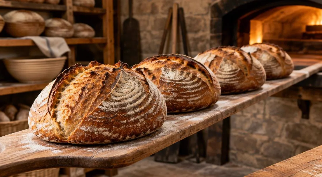 A row of fresh sourdough loaves on a wooden peel