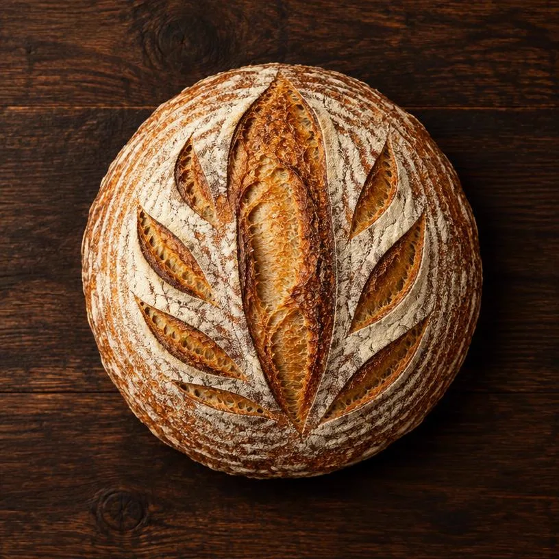 Overhead view of a round sourdough boule