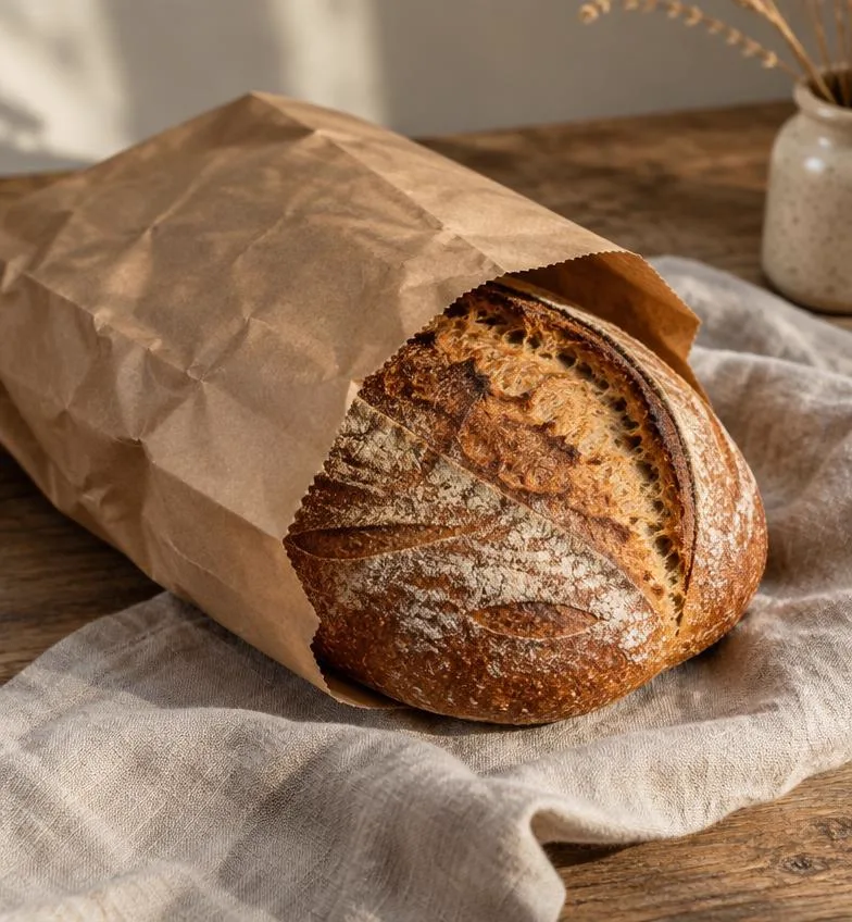 Kraft bakery bag holding a sourdough loaf on linen