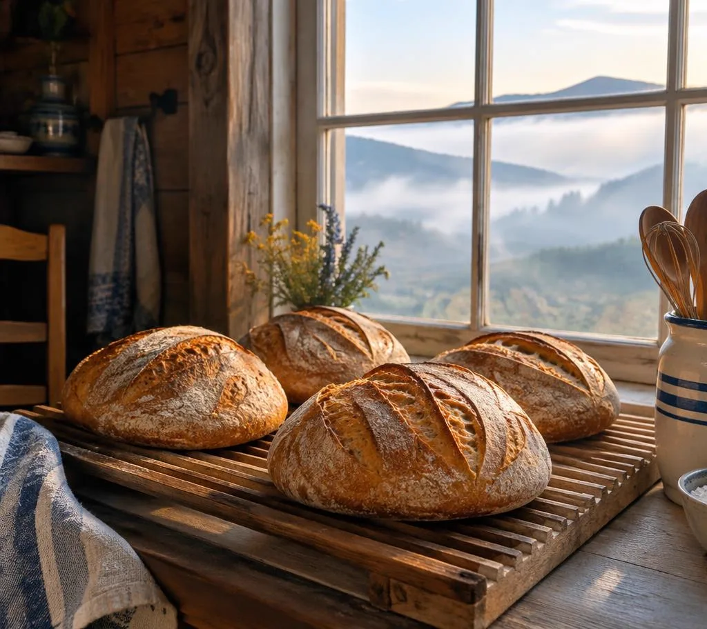 Sourdough loaves cooling on a wooden rack by a mountain-view window