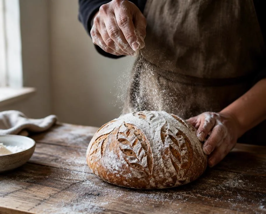 Hands dusting flour over a scored sourdough loaf